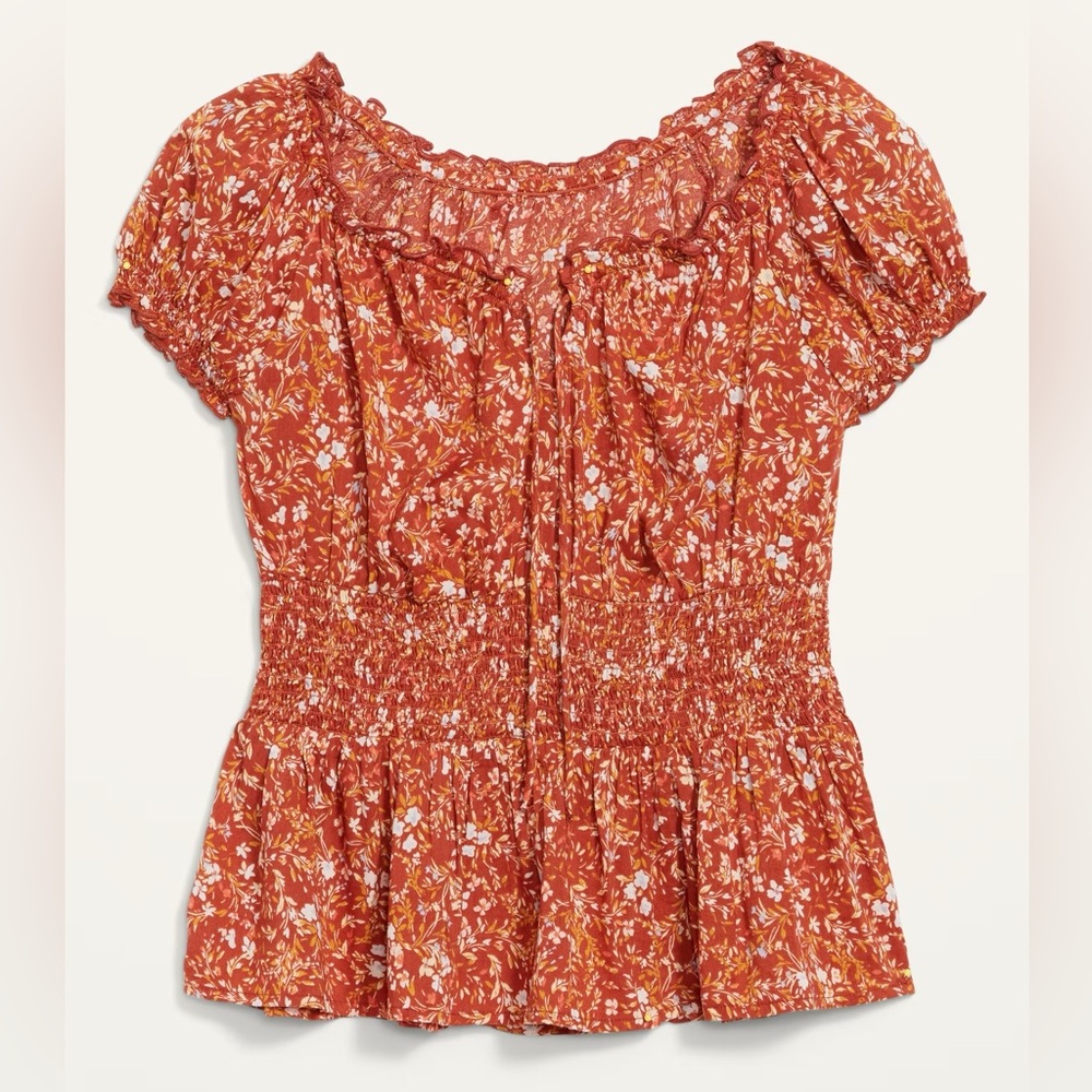 NWT Puff-Sleeve Floral-Print Smocked Peplum Blouse